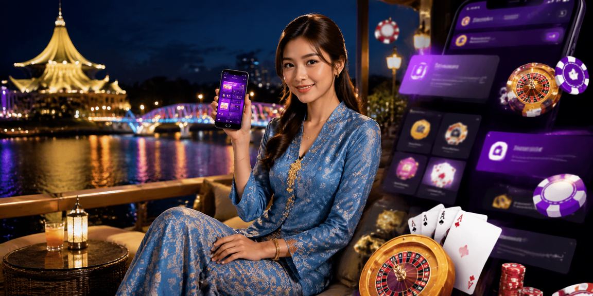 Wanita memakai baju kurung menggunakan aplikasi kasino 700c dalam telefon pintar